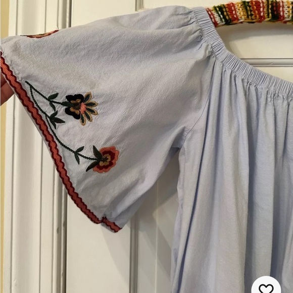 Zara Blue Off Shoulder Floral Embroidered Cotton Dress Boho XS - Picture 5 of 10